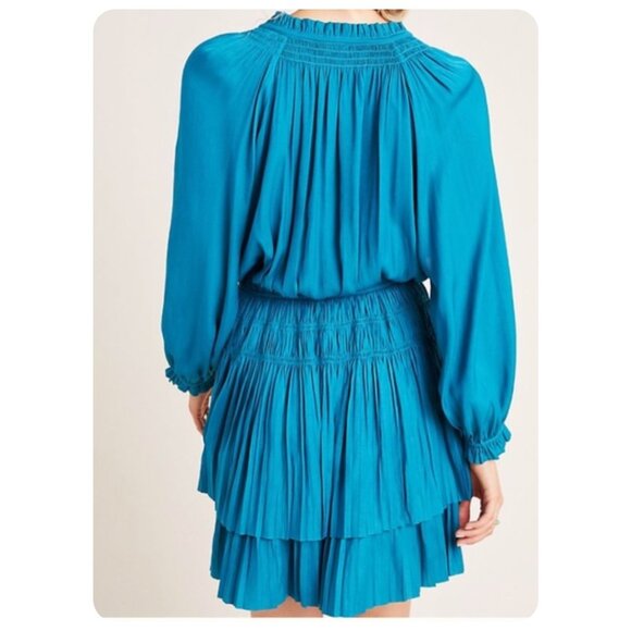 * Anthropologie Current Air Teal Satin Samantha Smocked Long Sleeve Mini Dress - Picture 2 of 11